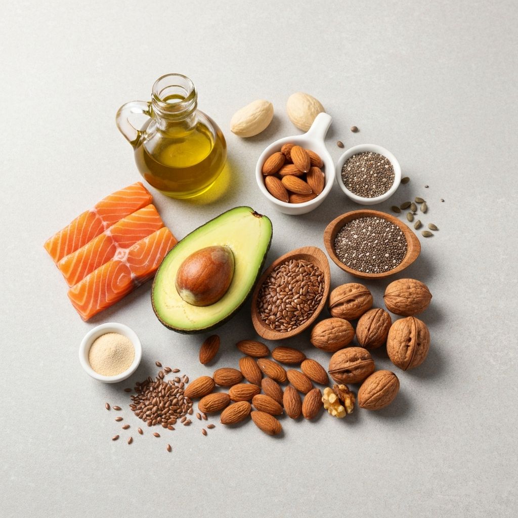 Πηγές υγιεινών λιπών: ελαιόλαδο, ξηροί καρποί, ψάρι